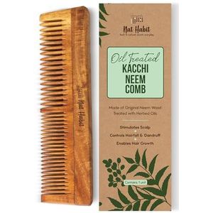 Nat Habit Kacchi Neem Houten kam - gedrenkt in 17 kruiden, neem en sesamolie voor meerdere acties - ontwarren, kroesbestrijding en glans, geschikt voor alle haartypes (dubbele tand)