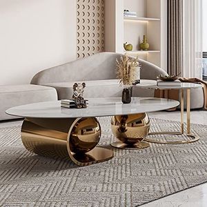 WestUx Marmeren moderne ovale set van 2 salontafel, middentafelroestvrij staal luxe desktop stevig minimalistisch huismeubilair voor woonkamer, A, 130 cm