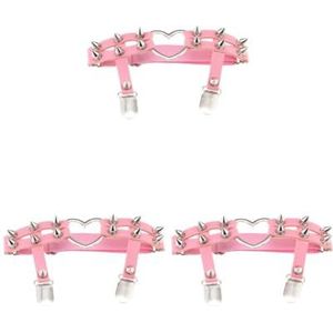 3 Set van 1x Vrouwen Lederen Dubbele Riem Hart Kousenband Elastische Klinknagel Stud Been Jarretelgordel, Roze
