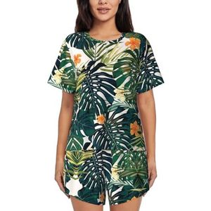 RIVETECH Tropische zomerpyjamaset met Hawaïaanse bloemenpalmbladeren voor dames, korte mouwen, comfortabele korte set, nachtkleding met zakken, Zwart, XL