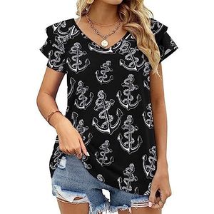 Naval Anchor Dames Casual Tuniek Tops Ruches Korte Mouw T-shirts V-hals Blouse Tee