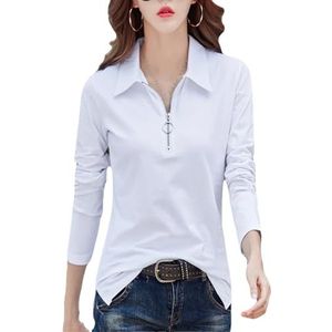 Dvbfufv Vrouwen Koreaanse Mode Lange Mouw Rits Revers Neck T-Shirt Vrouwen Shirts, Wit, L