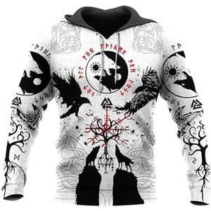 Nordic Odin Fenrir Crow Korte Mouw, Unisex Viking 3D Digitale Print Klassieke Harajuku Ronde Hals Trui Sweatshirt, Heidense Val Witte Ritssluiting Jas(Zip Hoodie,S)