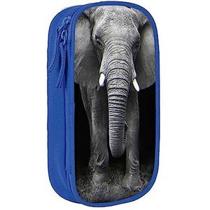 3D Grijze Olifant Etui, Medium Size Pen/Potlood Houder Pouch Tas met Dubbele Ritsen voor Werk, Schattig, Blauw, Eén maat, Koffer