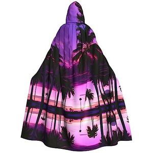 FRESQA Palmboom paarse zonsondergang partij decor mantel,Volwassen Hooded Cape,Ultieme Heksenmantel voor Halloween-bijeenkomsten