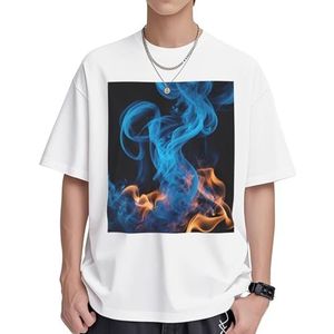 Blauwe Vlam Print Dames Katoenen T-shirts Casual Korte Mouw Tuniek Tops Crewneck Zomer Basic Loose Fit Tee, Wit, S