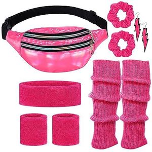 PLANTURECO 80s Neon Workout Kostuum Accessoires Set 10 STKS Beenwarmers voor Vrouwen 80s Hoofdband Polsband Fanny Pack voor Yoga Hardlopen (Hot Pink)
