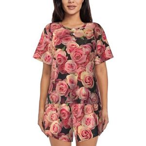 YJxoZH Roze Rose Close-up Print Vrouwen Zomer Pyjama Sets Nachtkleding Dames Korte Mouw Nachtkleding Pjs Lounge Met Zakken, Zwart, 4XL