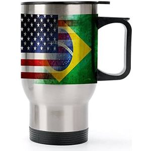 Vintage USA En Brazilië Vlag Reizen Koffiemok Met Handvat & Deksel Rvs Auto Cup Dubbelwandige Koffiemokken