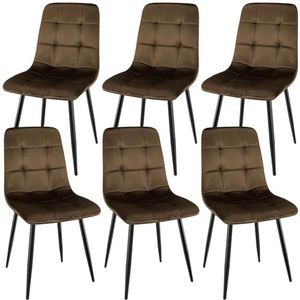 WAFTING Eetkamerstoelen, set van 6, gestoffeerde stoelen met hoge rugleuning en Nederlands fluwelen design, eettafelstoelen met metalen voet, voor eetkamer, woonkamer en ontvangstruimte, bruin