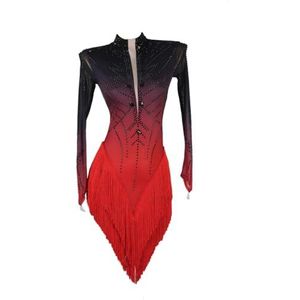 Professionele wedstrijd jurken voor Latijns Amerikaanse dans Modieuze ballroom danskleding met kleurverloop Chacha-danskleding met lange mouwen Tango Salsa outfit voor dames,Rood,L