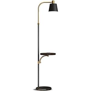 Vloerlamp Zwarte vloerlamp met USB-oplaadpoort, houten dienblad, 3 kleurtemperaturen, verstelbare lampenkap, staande lamp met marmeren voet staand