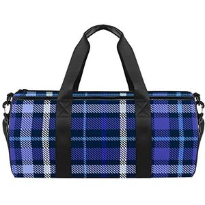 Voetbal met gras reizen duffle tas sport bagage met rugzak draagtas gymtas voor mannen en vrouwen, Blauw Buffalo geruite ruitjes patroon, 45 x 23 x 23 cm / 17.7 x 9 x 9 inch