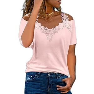 Vrouwen Blouse Party Elegante Korte Mouw Shirt V-hals Kant Uitsparing Bretels Blouses Business Office Top T-Shirt Sexy Koude Schouder Tops Zomer Effen Kleur Tuniek Casual en Losse Blouses Tees Shirt, B-Roze, 5XL