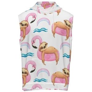 Aquarel Luiaard Op Flamingo Float Grafische Hooded Tank Top Voor Mannen Mouwloze Hoodie Bodybuilding Tees Casual Strand