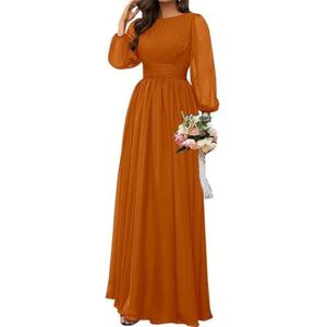 SAYNO Chiffon bruidsmeisjesjurk voor dames, bruiloft, cocktailjurk, ruches, avondjurk, baljurk, grote maten, Verbrand Oranje, 34