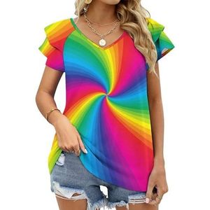 Regenboog Kleurrijke Spiraal Grafische Blouse Top Voor Vrouwen V-hals Tuniek Top Korte Mouw Volant T-shirt Grappig