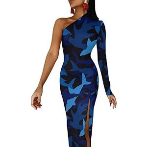 Blauwe camouflagehaaien damesjurk met halve mouwen, avondfeest, lange jurken, cocktailjurk, split, bodycon jurk, S