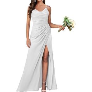 Zeemeermin bruidsmeisjesjurken voor dames, lange chiffon formele jurk, avondjurk met split, Wit, 44