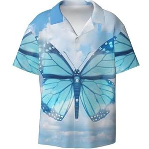 OdDdot Blauwe vlinder en wolken print heren button down shirt korte mouw casual shirt voor mannen zomer business casual jurk shirt, Zwart, XXL