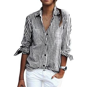 Gestreepte blouse voor dames, elegant, blouse, button-down, lange mouwen, top, zwart en wit, M