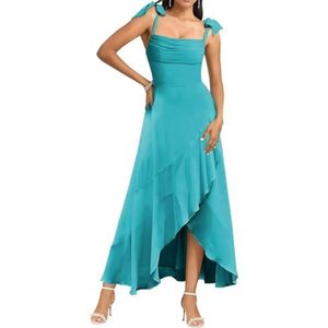 Spaghetti Bandjes Bruidsmeisjes Jurken voor Bruiloft Fluwelen Ruches Formele Avond Party Maxi Jurk High Low AH143, Aqua Blauw, 32