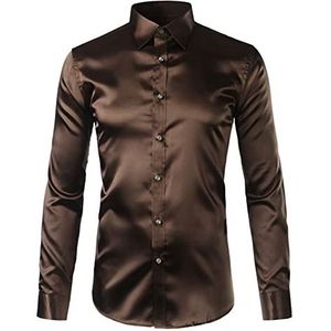 Silk Satin Shirt Men Casual Sleeve Mens Dress Shirts Wedding Male