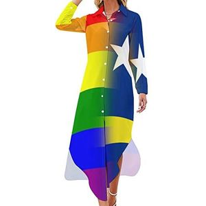LGBT Pride Curaçao vlag dames maxi-jurk lange mouwen knopen overhemd jurk casual feest lange jurken 2XL