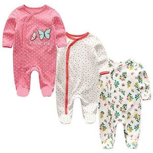 MAMIMAKA Baby Rompertjes Pyjama Katoen Jumpsuit Jongens Meisjes Slaappak Lange Mouw Footed Bodysuits Eendelige Outfits, Drie Stuks-14, 0-3 maanden