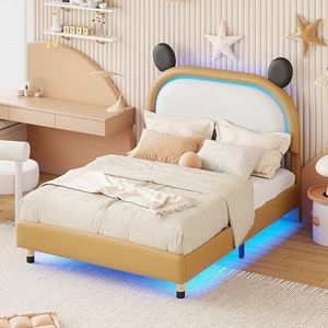Merax Kinderbed gestoffeerd bed 140 x 200 cm met LED-verlichting Tweepersoonsbed tienerbed plat bed met lattenbodem