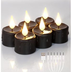 FREEPOWER 6 stuks zwarte led-theelichtjes met timer (6 uur), flikkerend warm wit licht, elektrische oplaadbare kaarsen met USB-kabel, geen afstandsbediening, Halloween, kerstdecoratie, diameter 4 x