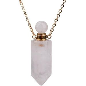 Crystal Perfume Bottle Healing Chakra Gemstones Pendant Necklace Women Roses White Crystal Essential Oil Jewelry (Color : White Quartz Gold)