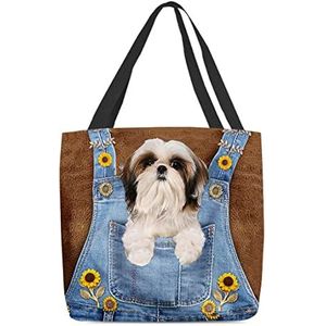 177 Schouderhandtassen driekleurige Shih Tzu-hond in zonnebloemen denim overalls schoudertassen opvouwbare stranddraagtas lichtgewicht schoudertas om te zwemmen, reizen, winkelen, 15 x 50 x 40 cm,