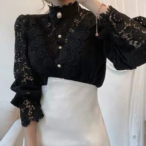 NJUDE Vintage Effen Witte Kant Blouse Shirts Vrouwen Nieuwe Koreaanse Knop Losse Shirt Tops Vrouwelijke Hollow Casual Dames Blouses-Zwart, S