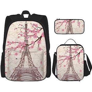 OUSIKA Eiffeltoren bloemen print 3 stuks rugzak casual dagrugzak lunchbox etui combinatie set voor reizen, zwart, één maat, Zwart, Eén maat