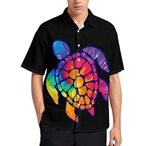 Tie Dye Sea Turtle T-shirt met korte mouwen voor heren, casual knoopsluiting, zomer, strand, top met zak