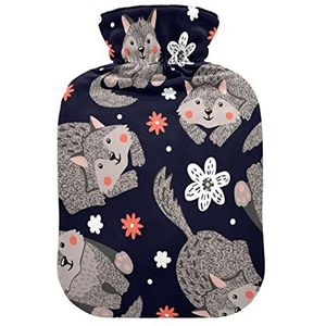 YOUJUNER Warm Water Bottle met Leuke Wolf Patroon Cover 1 Liter Grote Warm Water Bag Warm Comfort Hand Voeten Warmer