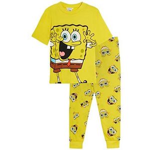 SPONGEBOB SQUAREPANTS Kinderpyjama, knusse pasvorm, jongens- en meisjespyjama, volledige lengte, met korte mouwen, T-shirt, uniseks, cadeau, Geel, 9-10 jaar