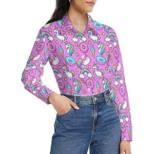 Leuke eenhoorn damesshirt lange mouwen button down blouse casual werk shirts tops L