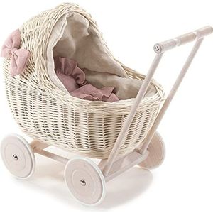 e-wicker24 DESAYER Poppenwagen van wilgentenen met linnen beddengoed, speelgoed van weiden in beige, natuurlijk kinderspeelgoed, een cadeau voor een kind (roze), 48 x 28 H47
