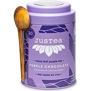 JUSTEA | Purple Chocolate | Paarse thee | 100 gram | 40/80 kop | Losse the | Wordt geleverd met een handgemaakt olijfhouten lepel | Fairtrade | NOn-GMO.