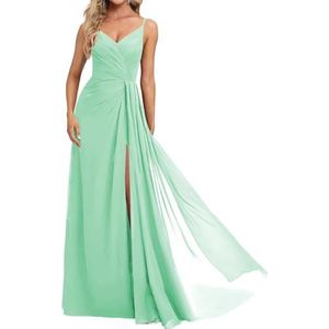 Prinses Bruidsmeisjes Jurken Spaghetti Bandjes Galajurken Chiffon Formele Avondfeest Maxi Jurk met Split ZM210, mintgroen, 32