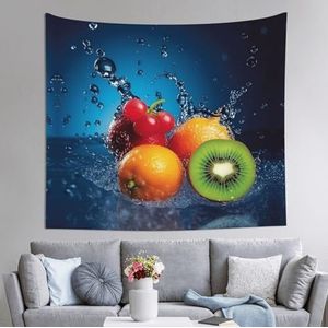 Wandtapijt waterdruppels rond fruit op blauwe achtergrond bedrukte deken wanddecoratie wandtapijt grappige wandtapijten voor woonkamer slaapzaal decor 60 inch x 51 inch