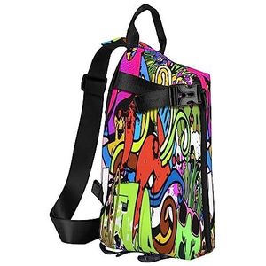 Sling Rugzak Borsttas Kerstman Anti Diefstal Crossbody Schoudertas Dagrugzak Outdoor Sport Reizen Wandelen voor Mannen Vrouwen, Graffiti Tekening, Crossbody Backpack