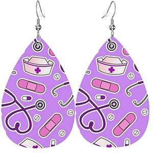 LAMAME Verpleegster Patroon Paars gedrukt Teardrop Dangle Earring Dames lederen oorbel, Eén maat, Kunstleer, Geen edelsteen