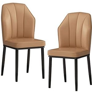 GEIRONV PU Lederen zijstoel Set van 2, waterdicht met metalen benen tegenstoelen keuken woonkamer lounge eetkamerstoelen Eetstoelen (Color : Camel, Size : Black feet)