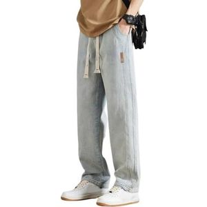 Heren Losse Rechte Jeans, Losse Fit Rechte Pijp Jean Wijde Pijp Denim Broek Casual Lage Taille Broek, Elastische Taille Baggy Jeans Casual Trekkoord Denim Broek (3XL,Lichtblauw)