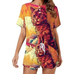 Surf Suring Cat Fashion 2 STKS Womens Pyjama Sets Korte Mouw Nachtkleding Zachte Loungewear Stijl-7