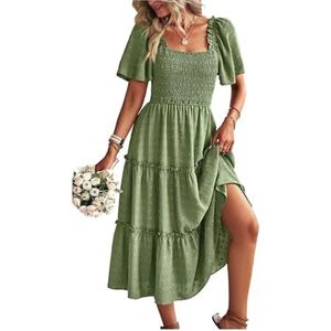 CHOYES A-lijn midi-jurk voor dames, vierkante hals, korte mouwen, zomerse swingjurk, Groen, S