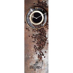 Wandklok First Coffee - geruisloze klok van glas Made in EU - glazen klok inclusief wandophanging - wandklok zonder tikkgeluiden met metalen wijzers - koffie keukenklok rechthoekig keuken stil - 20 x 60 cm